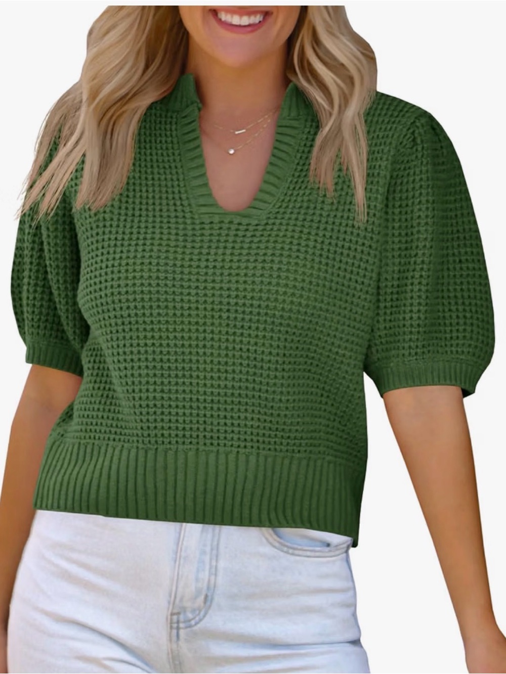 Amazon Women’s Green V-Neck Short Sleeve Knit Sweater